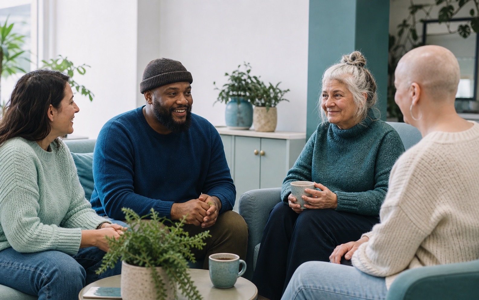 A diverse community group talking together in a relaxed setting